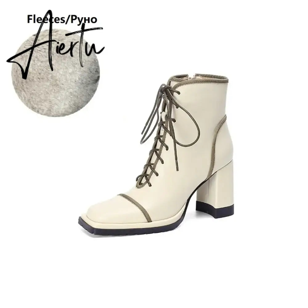 Aiertu NEW Fall Shoes Women Square Toe Chunky Boots for Women Winter Genuine Leather Boots High Heel Platform Boots Elegent Girl Shoes Aiertu