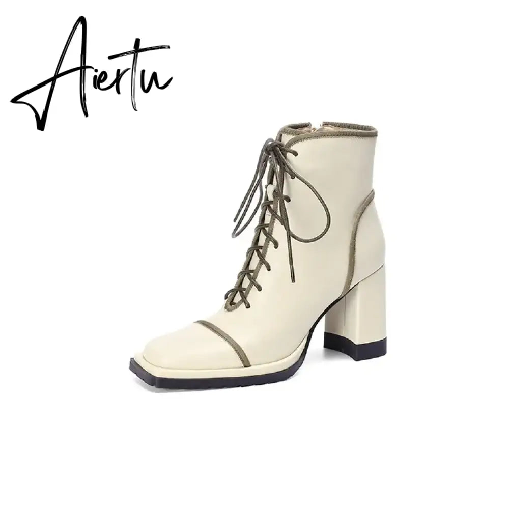 Aiertu NEW Fall Shoes Women Square Toe Chunky Boots for Women Winter Genuine Leather Boots High Heel Platform Boots Elegent Girl Shoes Aiertu