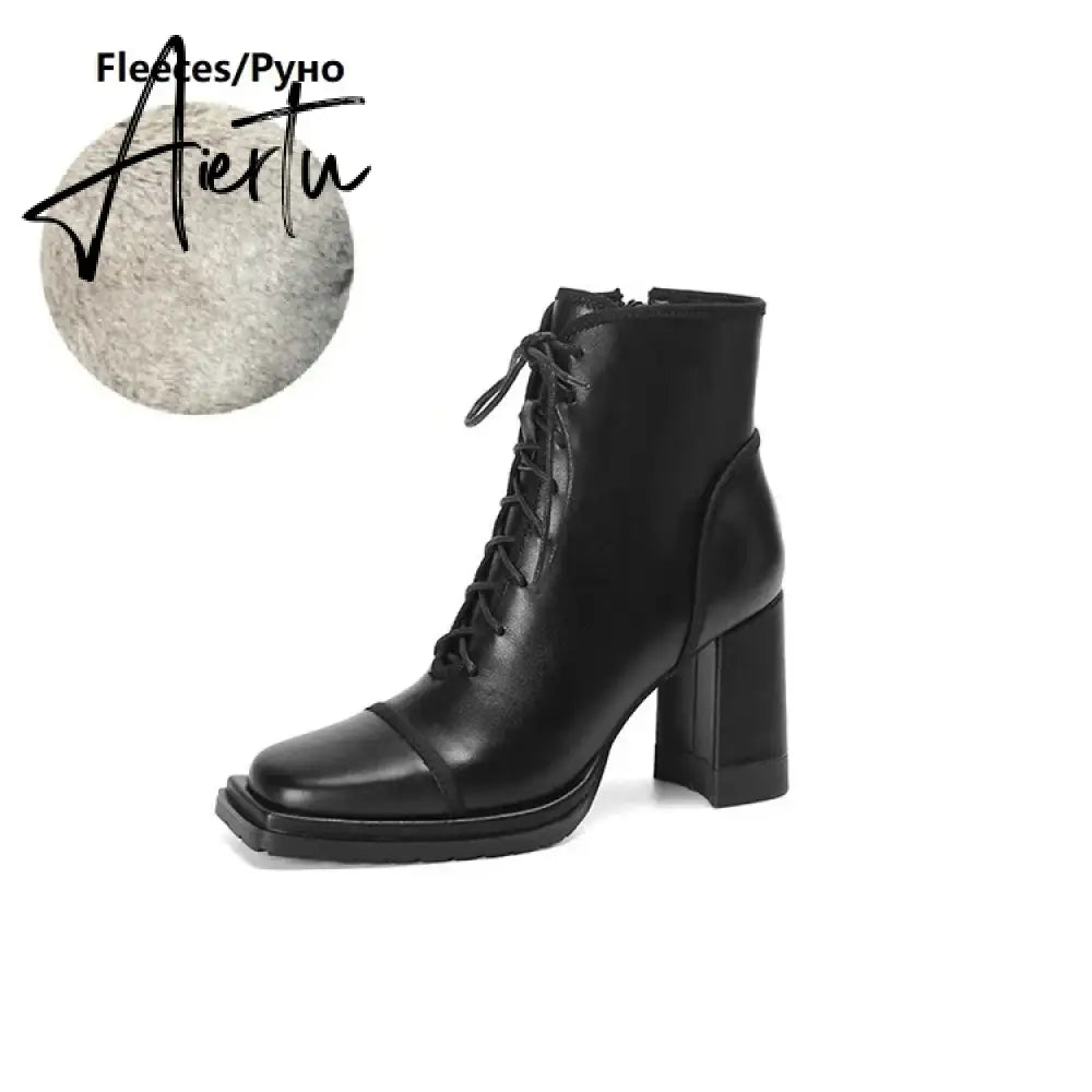 Aiertu NEW Fall Shoes Women Square Toe Chunky Boots for Women Winter Genuine Leather Boots High Heel Platform Boots Elegent Girl Shoes Aiertu