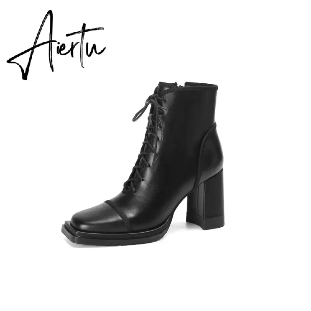 Aiertu NEW Fall Shoes Women Square Toe Chunky Boots for Women Winter Genuine Leather Boots High Heel Platform Boots Elegent Girl Shoes Aiertu