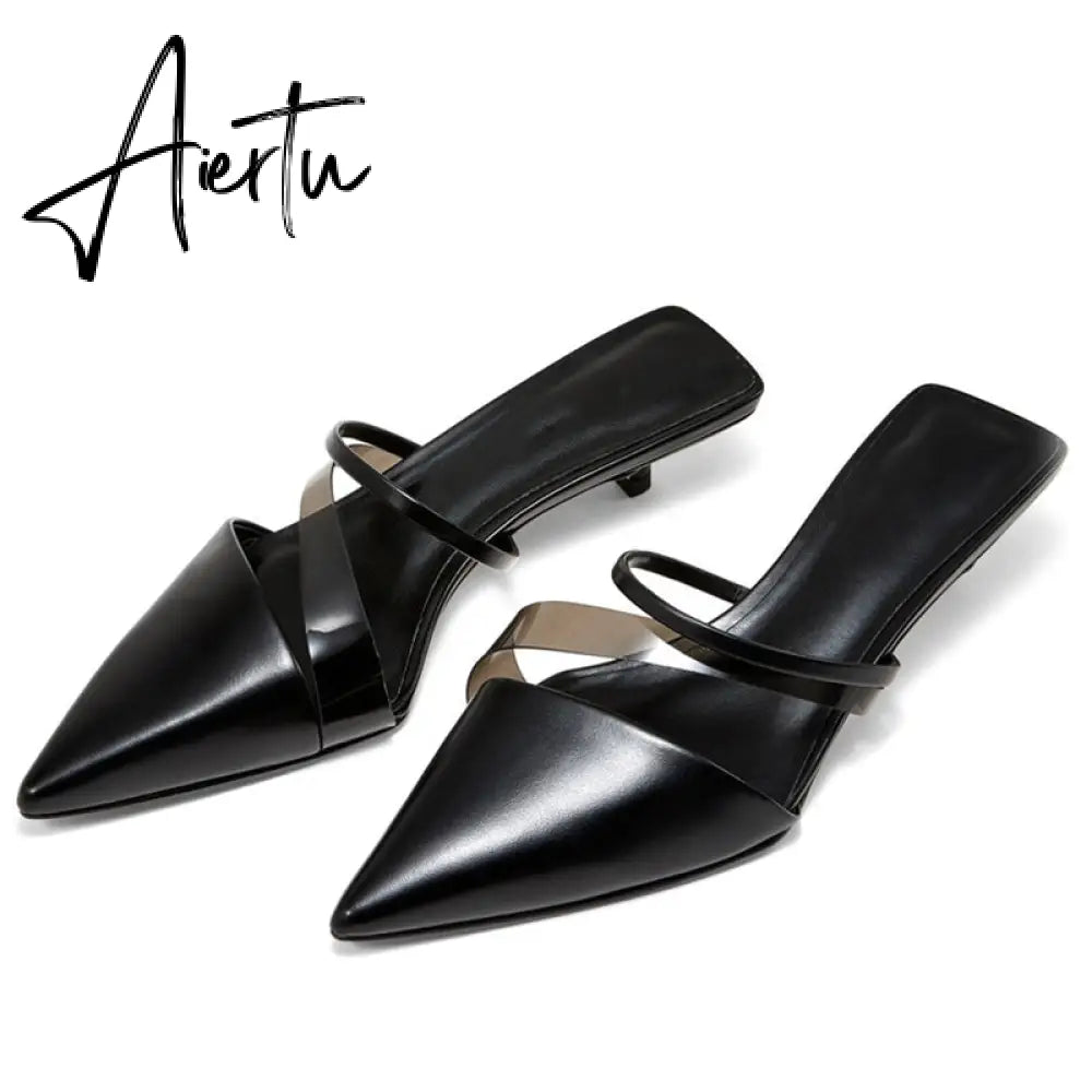 Aiertu   New Fashion Brand Low Heel Slippers Women Slip On Pointed Toe Thin Heel Slides Outdoor Casual Mules Ladies Dress Shoes Aiertu