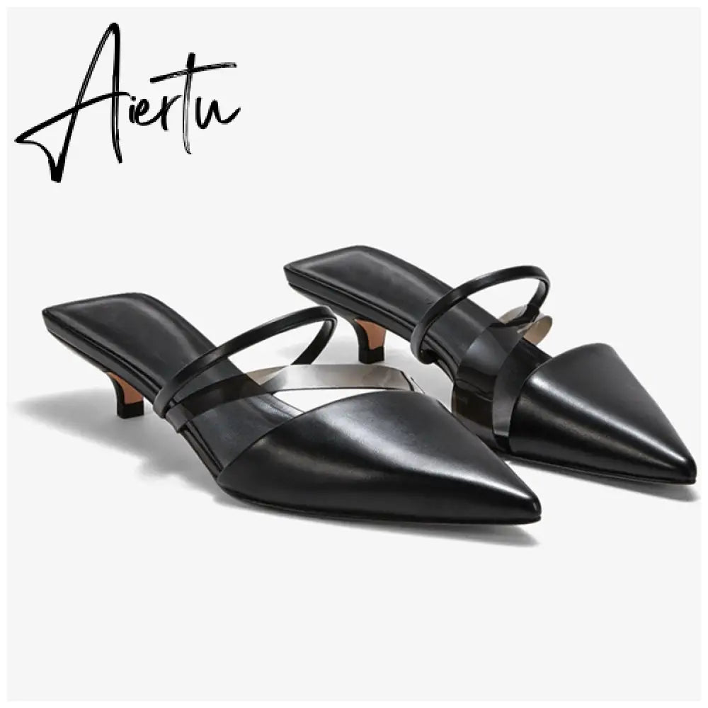 Aiertu   New Fashion Brand Low Heel Slippers Women Slip On Pointed Toe Thin Heel Slides Outdoor Casual Mules Ladies Dress Shoes Aiertu