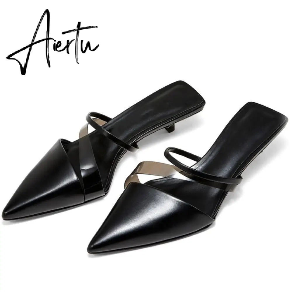 Aiertu   New Fashion Brand Low Heel Slippers Women Slip On Pointed Toe Thin Heel Slides Outdoor Casual Mules Ladies Dress Shoes Aiertu