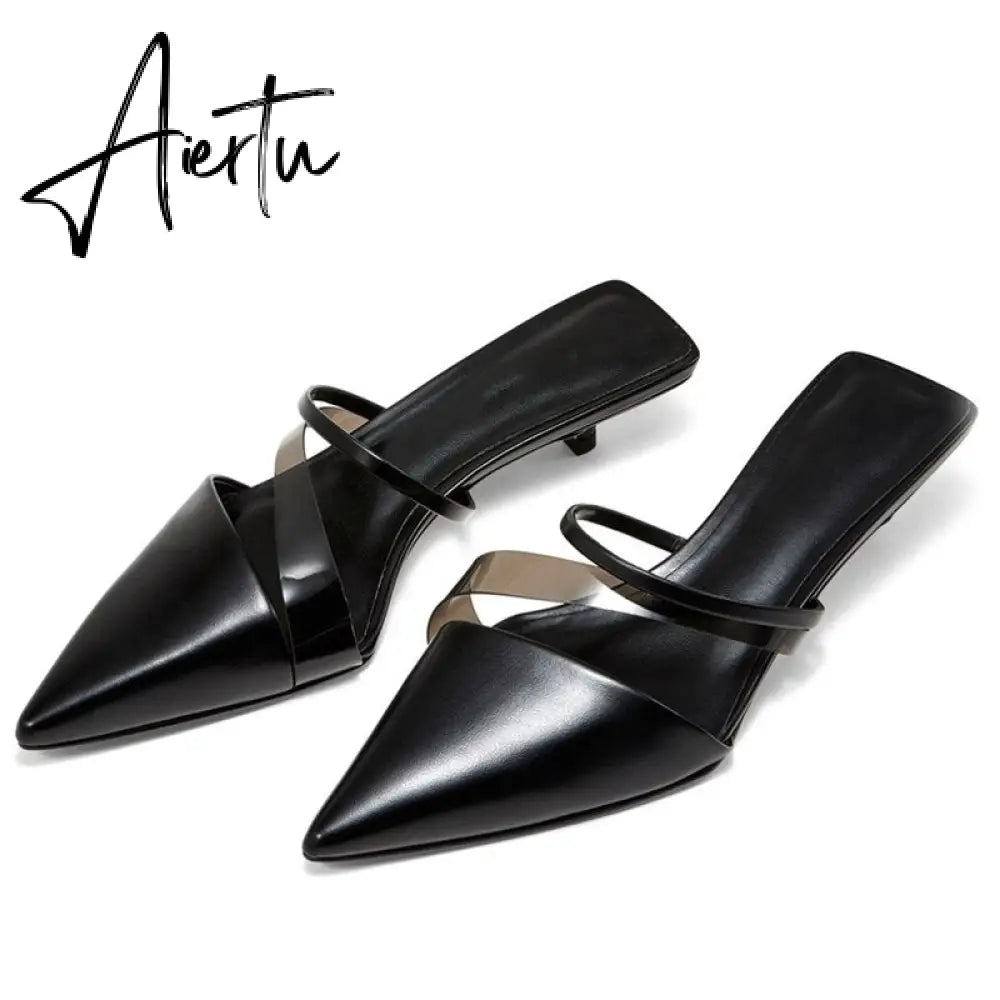 Aiertu   New Fashion Brand Low Heel Slippers Women Slip On Pointed Toe Thin Heel Slides Outdoor Casual Mules Ladies Dress Shoes Aiertu