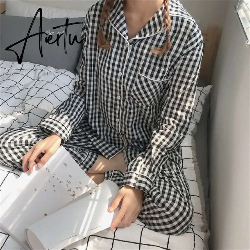 Aiertu New Fashion Sleepwear Women's Cotton Cute Pajamas Girls Long Sleeve Tops+Pants with Pockets Stripe Casual Lounge Wear Aiertu
