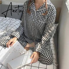 Aiertu New Fashion Sleepwear Women's Cotton Cute Pajamas Girls Long Sleeve Tops+Pants with Pockets Stripe Casual Lounge Wear Aiertu
