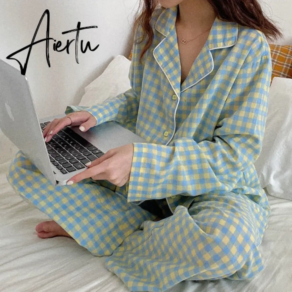 Aiertu New Fashion Sleepwear Women's Cotton Cute Pajamas Girls Long Sleeve Tops+Pants with Pockets Stripe Casual Lounge Wear Aiertu