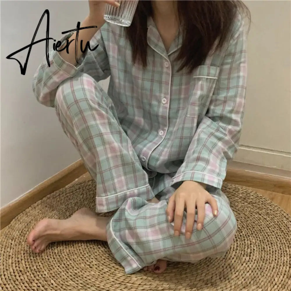 Aiertu New Fashion Sleepwear Women's Cotton Cute Pajamas Girls Long Sleeve Tops+Pants with Pockets Stripe Casual Lounge Wear Aiertu