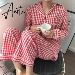 Aiertu New Fashion Sleepwear Women's Cotton Cute Pajamas Girls Long Sleeve Tops+Pants with Pockets Stripe Casual Lounge Wear Aiertu