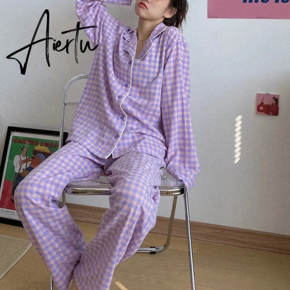 Aiertu New Fashion Sleepwear Women's Cotton Cute Pajamas Girls Long Sleeve Tops+Pants with Pockets Stripe Casual Lounge Wear Aiertu