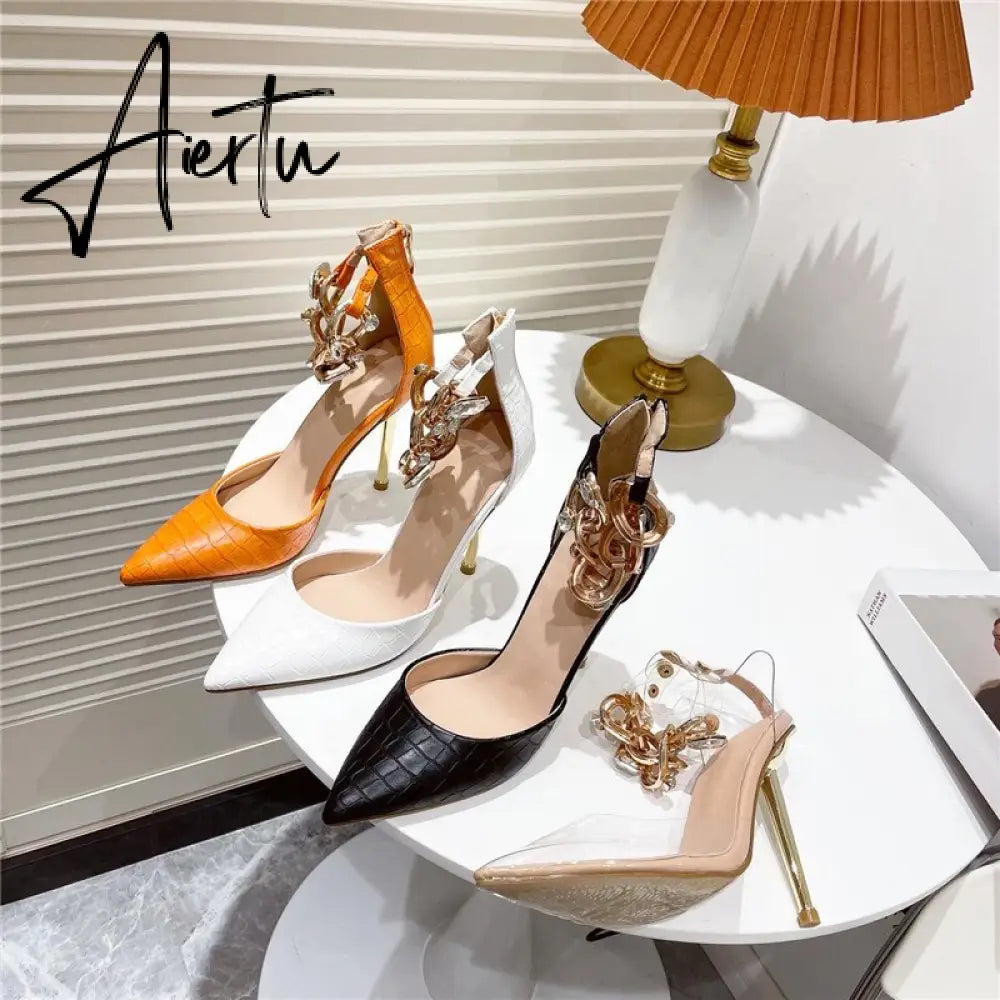 Aiertu New Fashion Snake Print Pumps Pointed Toe Sexy Chain Rhinestone Zipper Dress High Heels Party shoes Aiertu