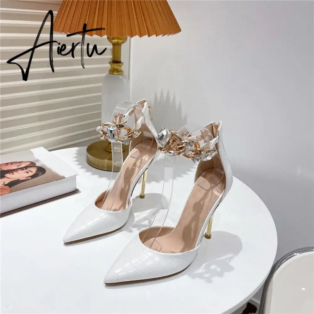 Aiertu New Fashion Snake Print Pumps Pointed Toe Sexy Chain Rhinestone Zipper Dress High Heels Party shoes Aiertu