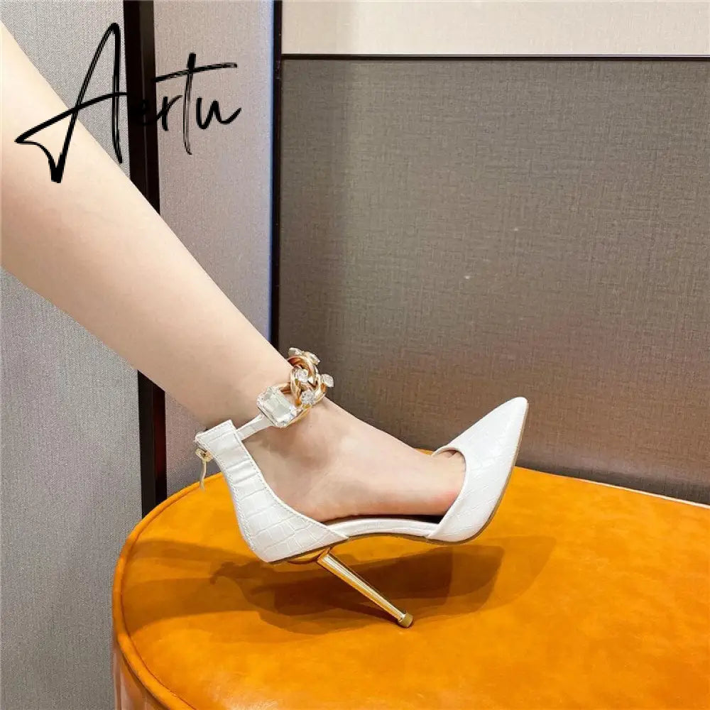 Aiertu New Fashion Snake Print Pumps Pointed Toe Sexy Chain Rhinestone Zipper Dress High Heels Party shoes Aiertu