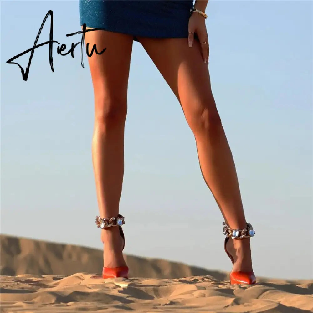 Aiertu New Fashion Snake Print Pumps Pointed Toe Sexy Chain Rhinestone Zipper Dress High Heels Party shoes Aiertu