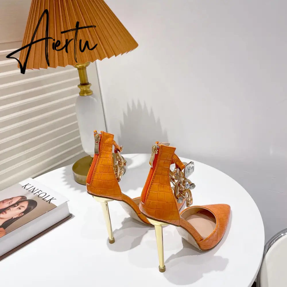 Aiertu New Fashion Snake Print Pumps Pointed Toe Sexy Chain Rhinestone Zipper Dress High Heels Party shoes Aiertu