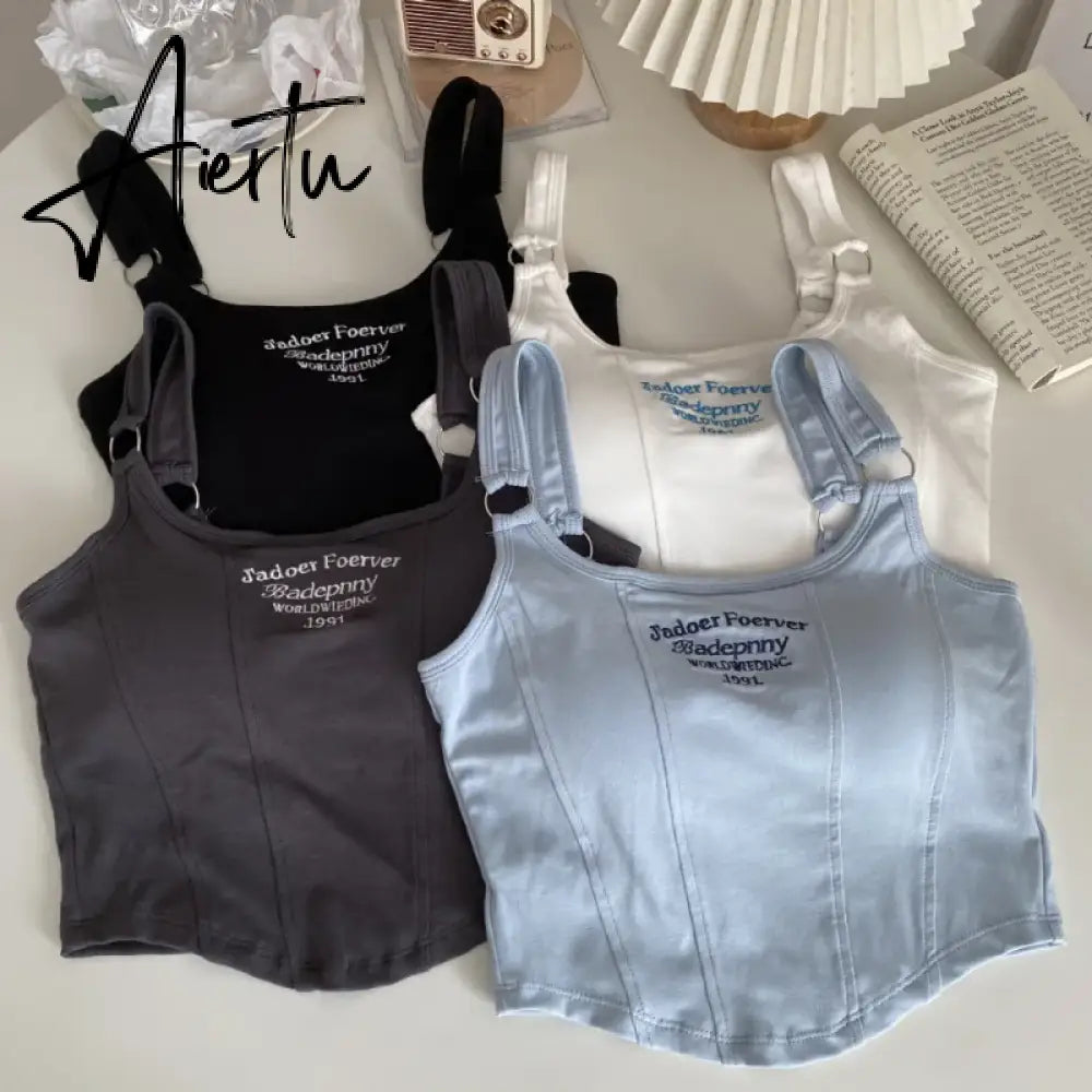 Aiertu New Fashion Tank Tops Women Embroidery Letter Knitted Sexy Sleeveless Camisole Crop Top Ladies Top Camisoles Y2K Streetwear Aiertu