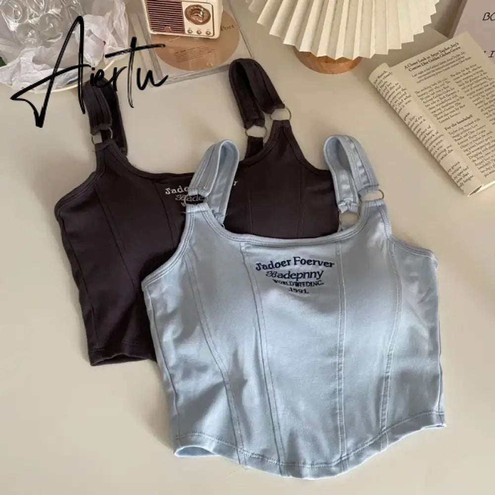 Aiertu New Fashion Tank Tops Women Embroidery Letter Knitted Sexy Sleeveless Camisole Crop Top Ladies Top Camisoles Y2K Streetwear Aiertu