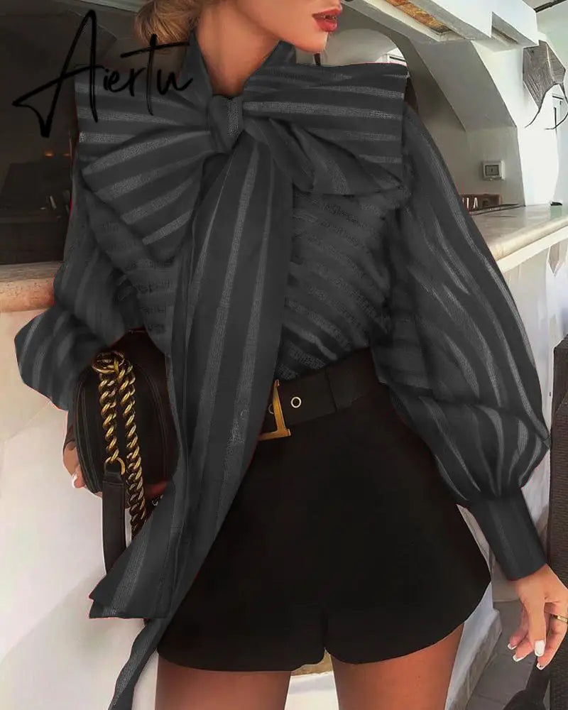 Aiertu  New Fashion Women's Puff Long Sleeve Striped Blouses Bow Collar Shirts Streetwear Ladies Casual Mesh Tops Camisas Blusa Mujer Aiertu