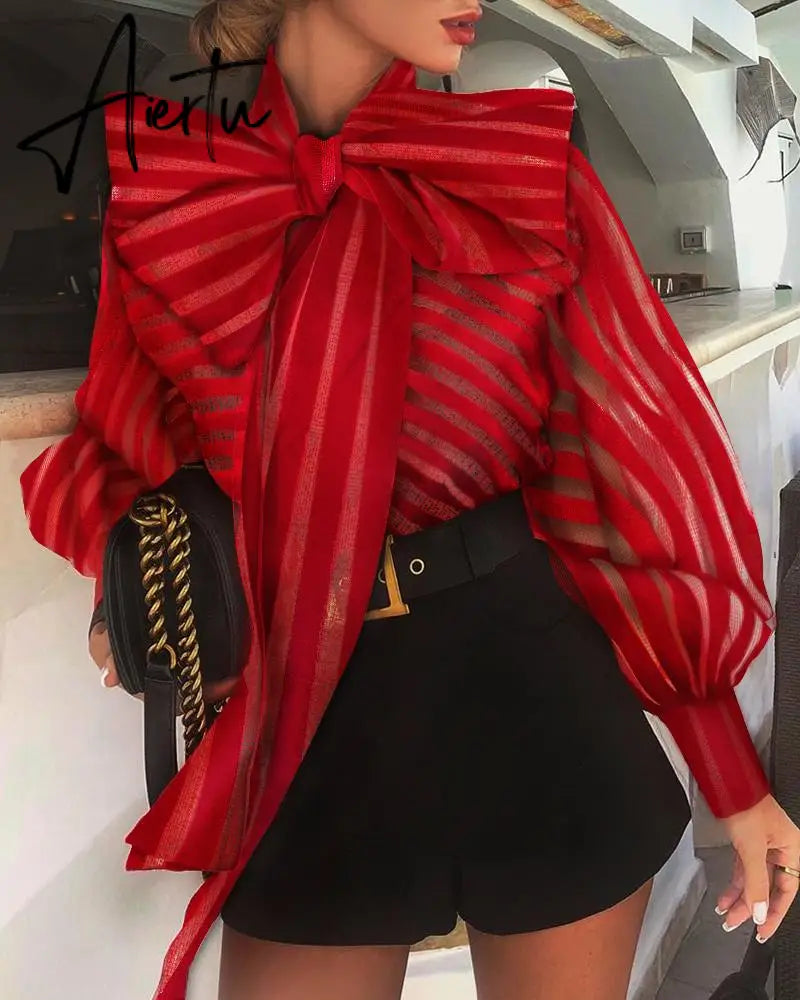 Aiertu  New Fashion Women's Puff Long Sleeve Striped Blouses Bow Collar Shirts Streetwear Ladies Casual Mesh Tops Camisas Blusa Mujer Aiertu