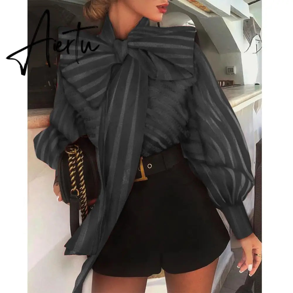 Aiertu  New Fashion Women's Puff Long Sleeve Striped Blouses Bow Collar Shirts Streetwear Ladies Casual Mesh Tops Camisas Blusa Mujer Aiertu
