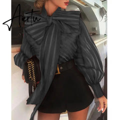 Aiertu  New Fashion Women's Puff Long Sleeve Striped Blouses Bow Collar Shirts Streetwear Ladies Casual Mesh Tops Camisas Blusa Mujer Aiertu
