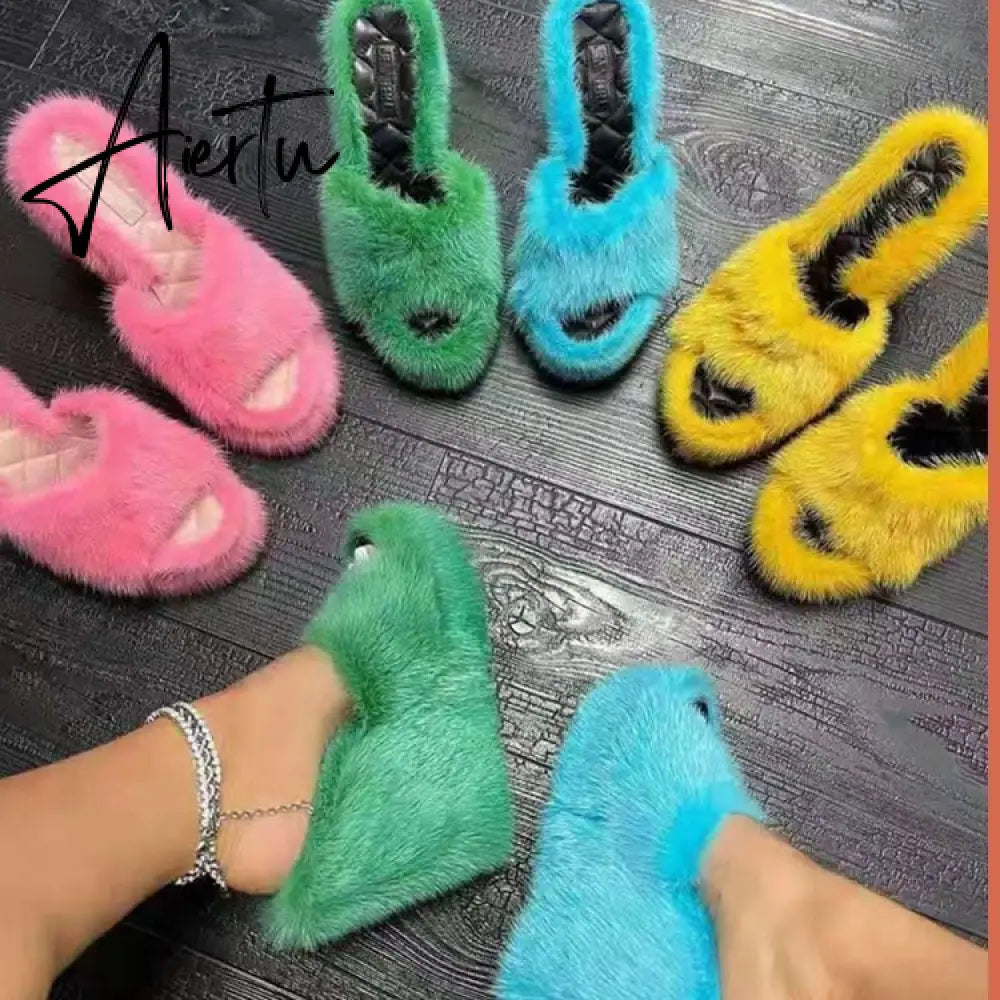 Aiertu New Fur Slippers Women's Wedge Heel Shoes Women High-heeled Furry Drag Fashion Outdoor All-match Shoes Slippers Furry Slides Aiertu
