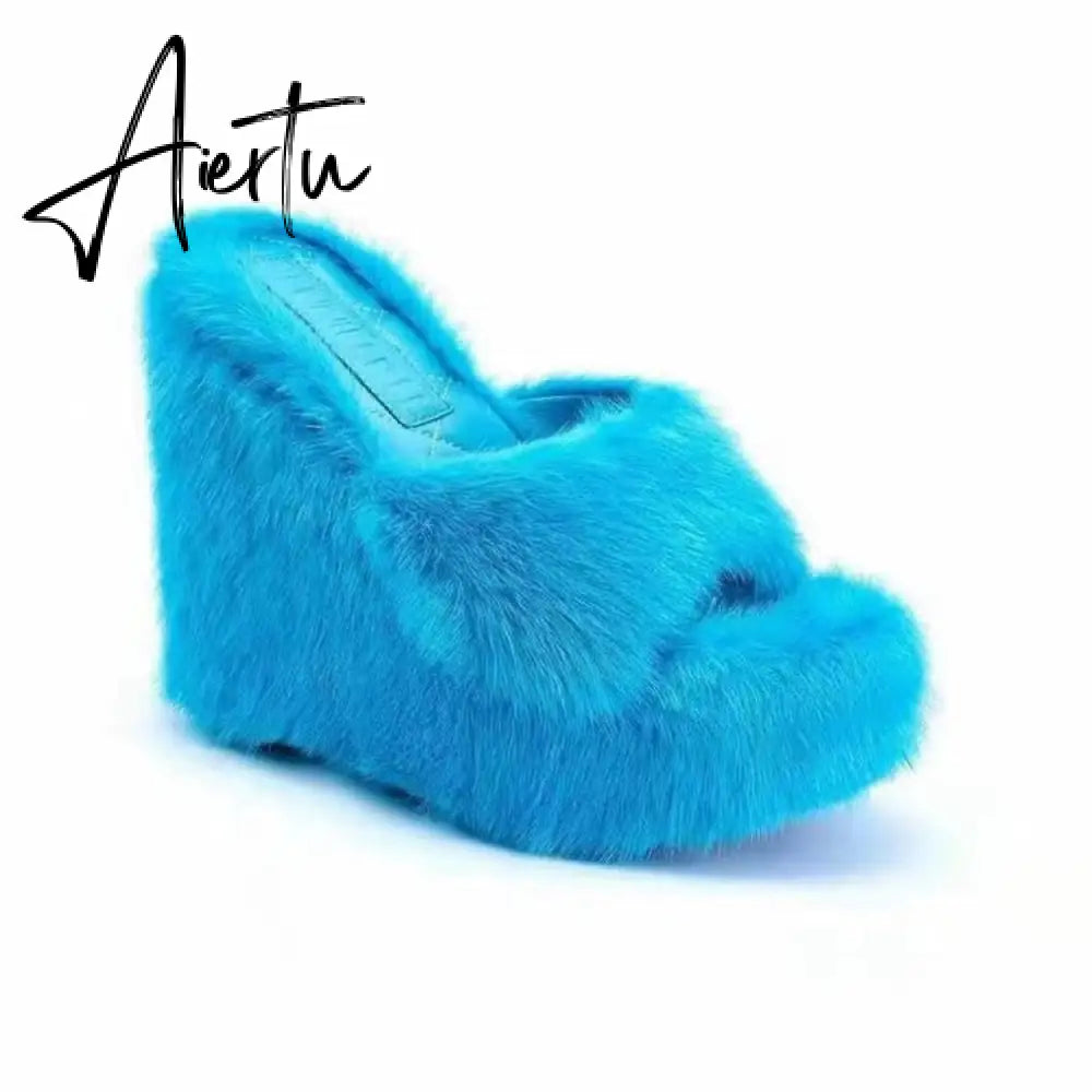 Aiertu New Fur Slippers Women's Wedge Heel Shoes Women High-heeled Furry Drag Fashion Outdoor All-match Shoes Slippers Furry Slides Aiertu