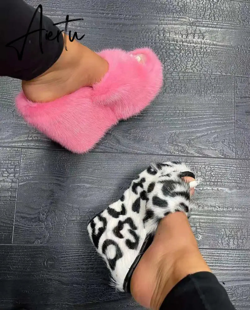 Aiertu New Fur Slippers Women's Wedge Heel Shoes Women High-heeled Furry Drag Fashion Outdoor All-match Shoes Slippers Furry Slides Aiertu