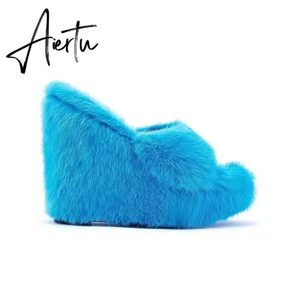 Aiertu New Fur Slippers Women's Wedge Heel Shoes Women High-heeled Furry Drag Fashion Outdoor All-match Shoes Slippers Furry Slides Aiertu