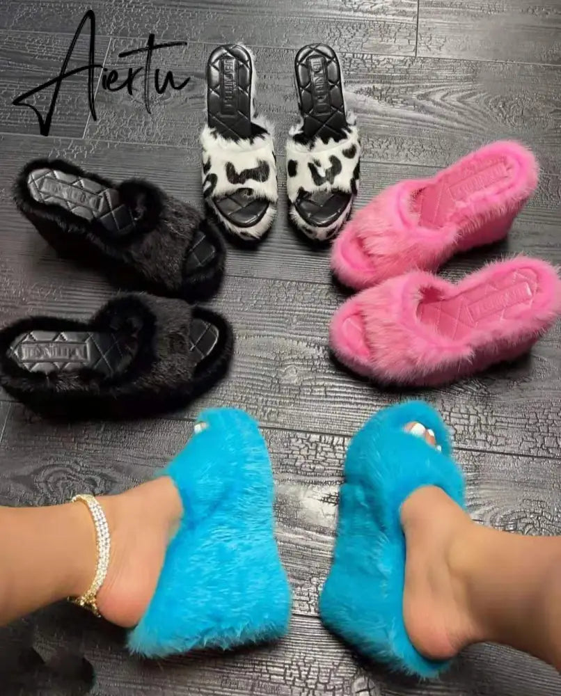 Aiertu New Fur Slippers Women's Wedge Heel Shoes Women High-heeled Furry Drag Fashion Outdoor All-match Shoes Slippers Furry Slides Aiertu