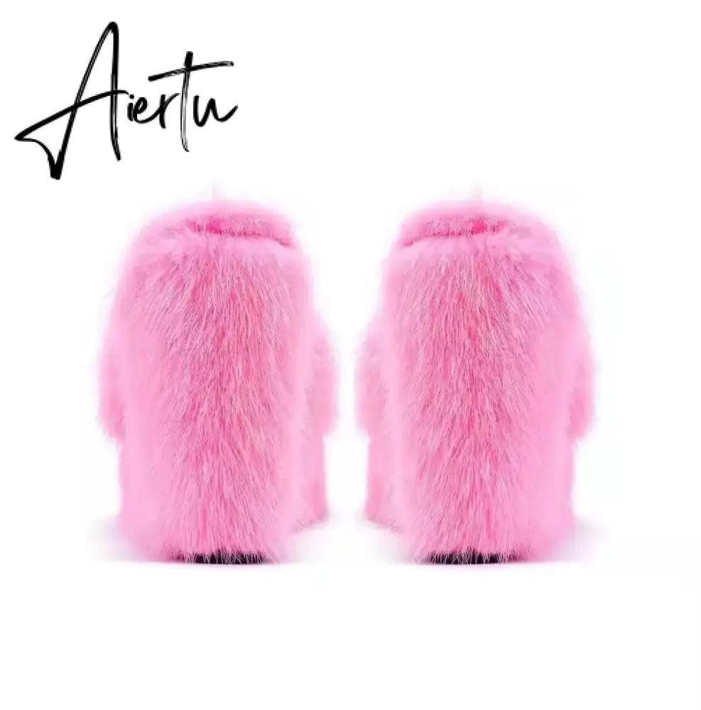 Aiertu New Fur Slippers Women's Wedge Heel Shoes Women High-heeled Furry Drag Fashion Outdoor All-match Shoes Slippers Furry Slides Aiertu