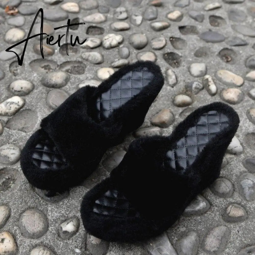 Aiertu New Fur Slippers Women's Wedge Heel Shoes Women High-heeled Furry Drag Fashion Outdoor All-match Shoes Slippers Furry Slides Aiertu