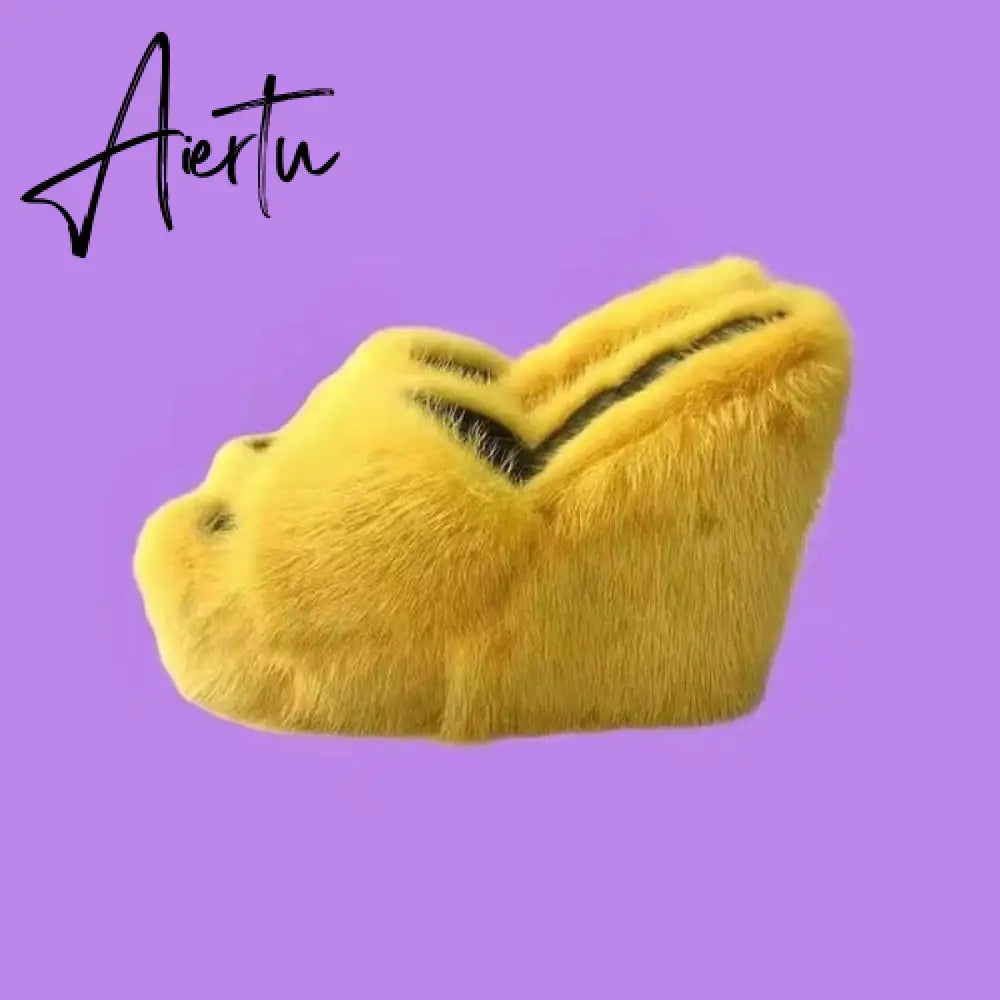 Aiertu New Fur Slippers Women's Wedge Heel Shoes Women High-heeled Furry Drag Fashion Outdoor All-match Shoes Slippers Furry Slides Aiertu