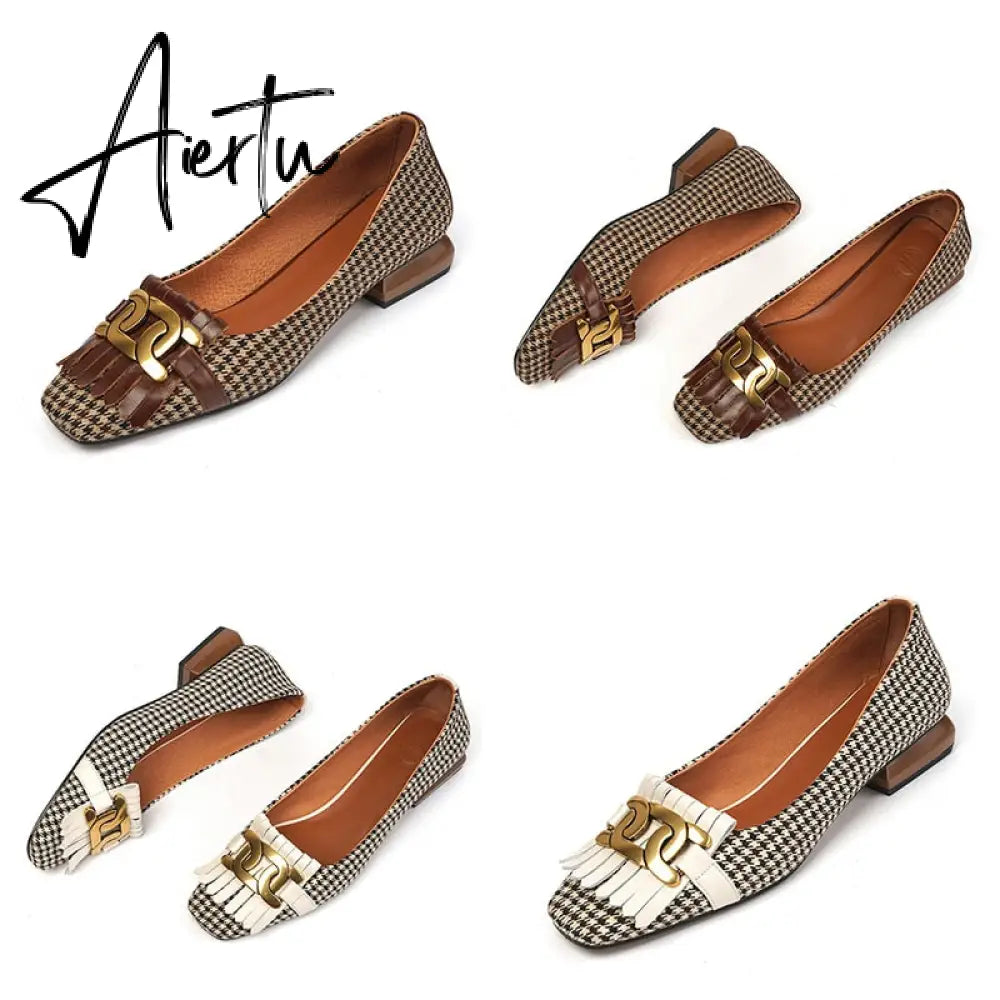 Aiertu  New Genuine Leather Women Shoes Fashion Tassel Beads Spring Pump Square Toe Slip-On Casual Shoes Thick Heel Size 35-42 Handmade Aiertu