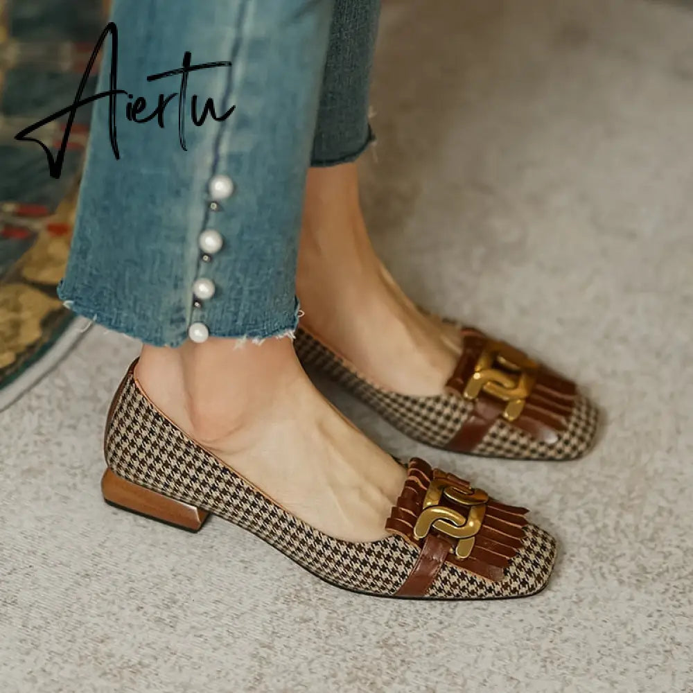 Aiertu  New Genuine Leather Women Shoes Fashion Tassel Beads Spring Pump Square Toe Slip-On Casual Shoes Thick Heel Size 35-42 Handmade Aiertu