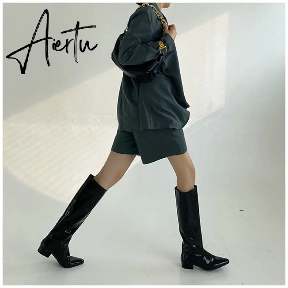 Aiertu  New INS Women Knee-high Women Boot Shoes Low Heel Slip On Long Boots Brand Designer Pointed Toe Chelsea Boots Aiertu