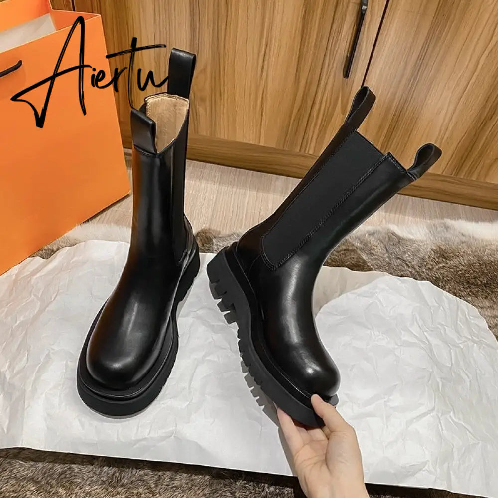 Aiertu New Luxury Chelsea Boots Women Ankle Boots Chunky Winter Shoes Platform Ankle Boots Slip on Chunky Heel BV Boot Brand Botas Aiertu