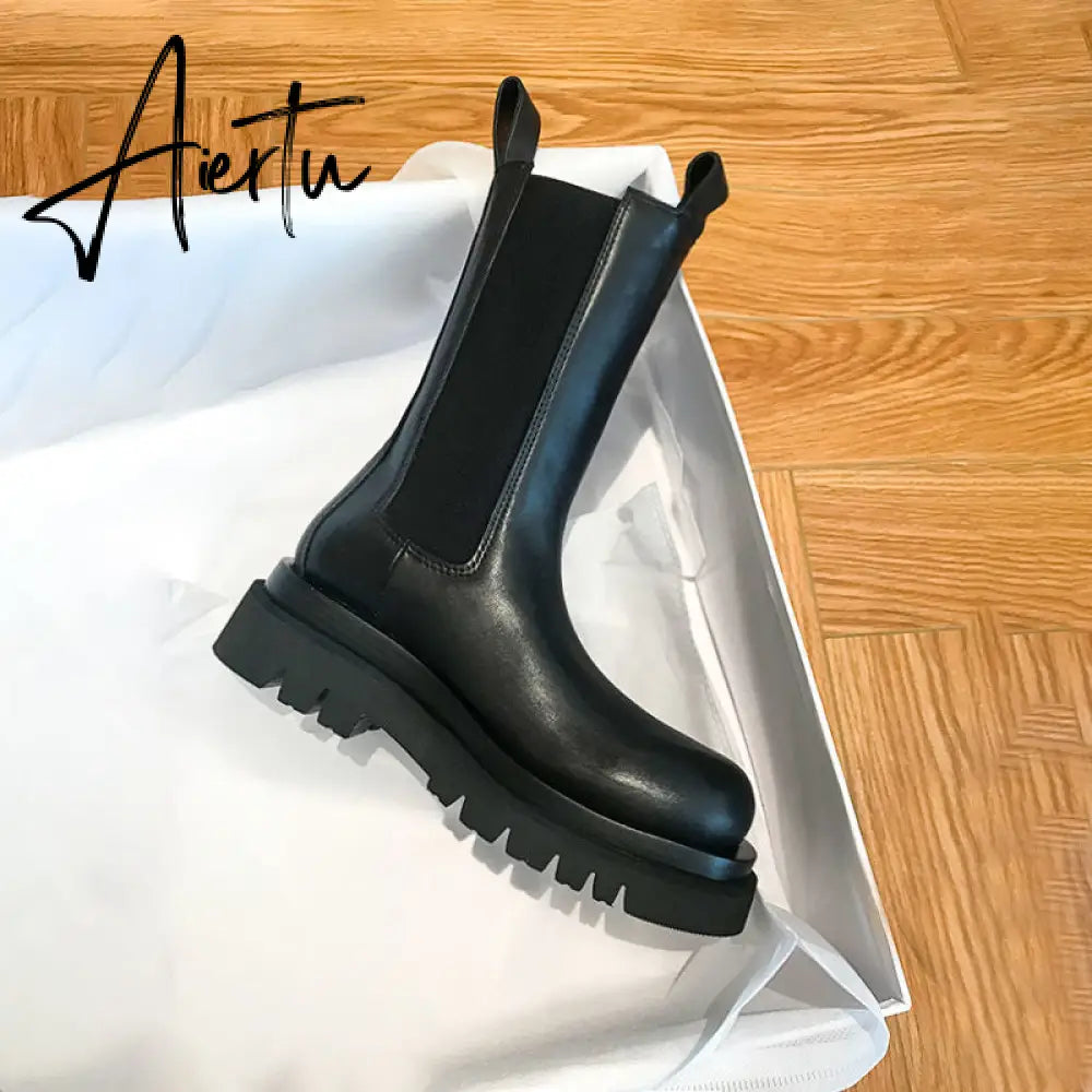 Aiertu New Luxury Chelsea Boots Women Ankle Boots Chunky Winter Shoes Platform Ankle Boots Slip on Chunky Heel BV Boot Brand Botas Aiertu