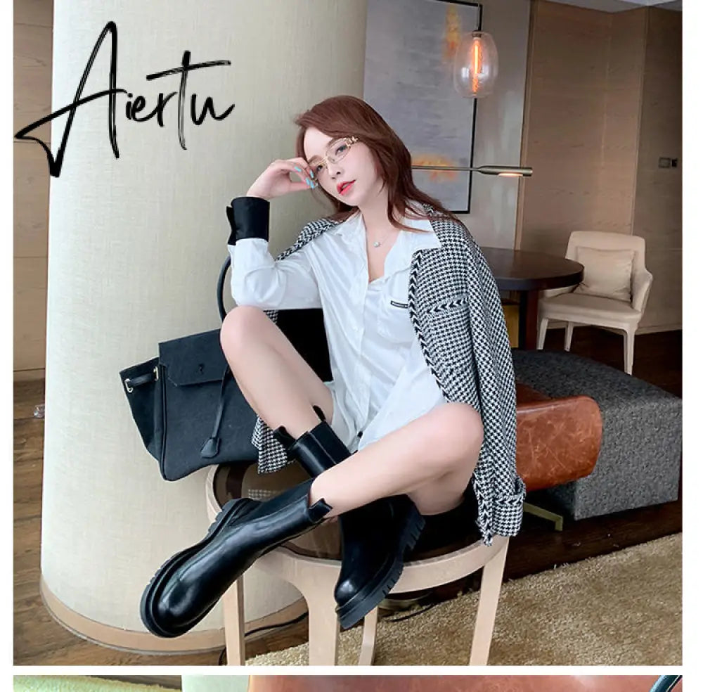 Aiertu New Luxury Chelsea Boots Women Ankle Boots Chunky Winter Shoes Platform Ankle Boots Slip on Chunky Heel BV Boot Brand Botas Aiertu