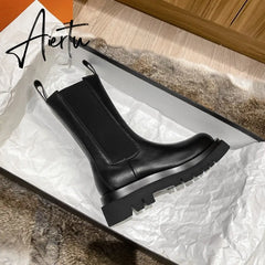 Aiertu New Luxury Chelsea Boots Women Ankle Boots Chunky Winter Shoes Platform Ankle Boots Slip on Chunky Heel BV Boot Brand Botas Aiertu