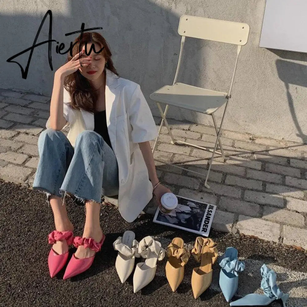 Aiertu New Pointed Toe Stiletto Heel Closed Toe Lazy Women's Sandals Aiertu