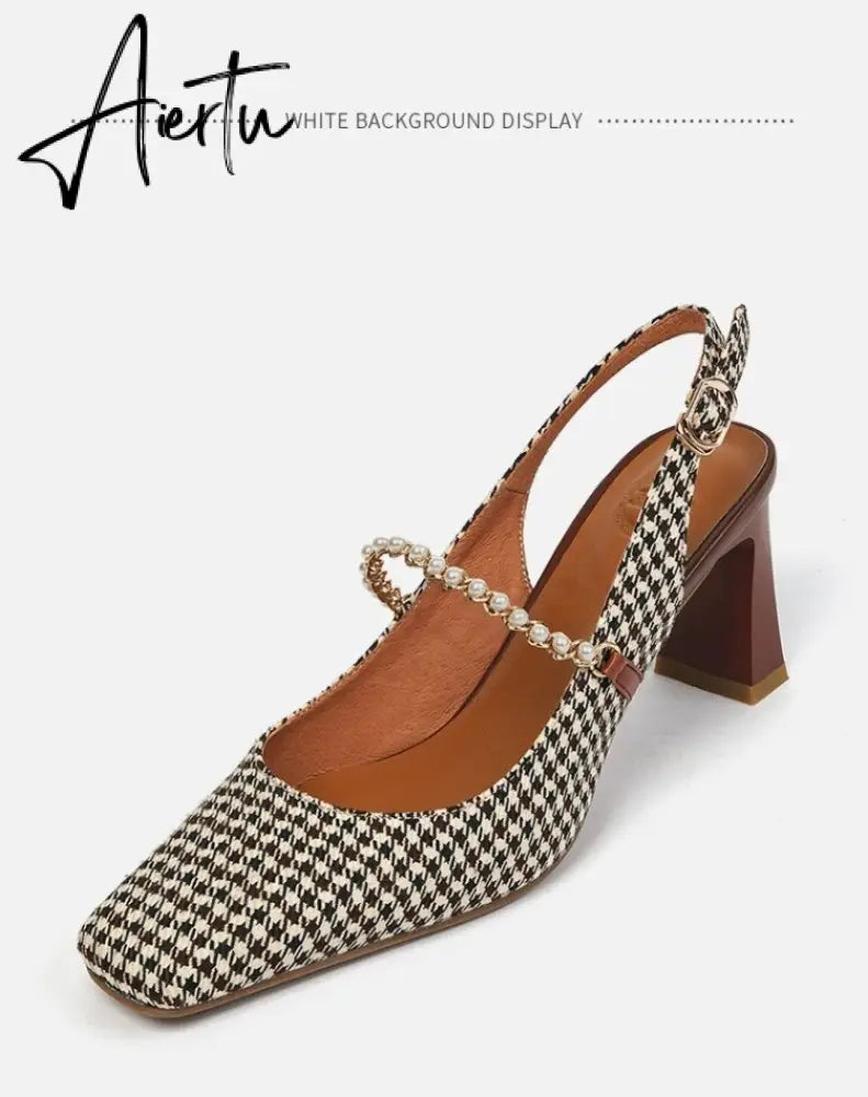 Aiertu New   Sandles Women Square Toe Thick Heel French Retro Women Shoes Pearl Buckle High Heel Party Sandals Houndstooth Pattern Aiertu