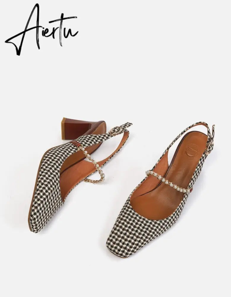 Aiertu New   Sandles Women Square Toe Thick Heel French Retro Women Shoes Pearl Buckle High Heel Party Sandals Houndstooth Pattern Aiertu