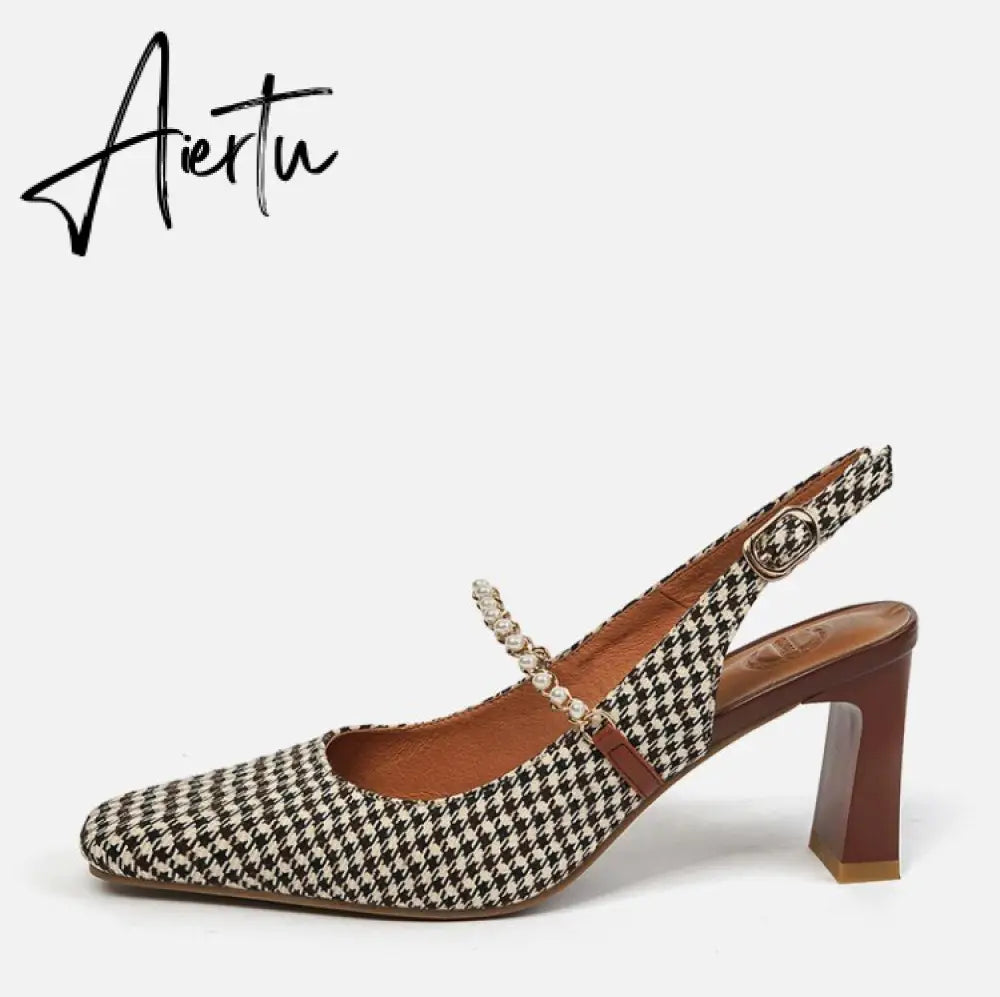 Aiertu New   Sandles Women Square Toe Thick Heel French Retro Women Shoes Pearl Buckle High Heel Party Sandals Houndstooth Pattern Aiertu