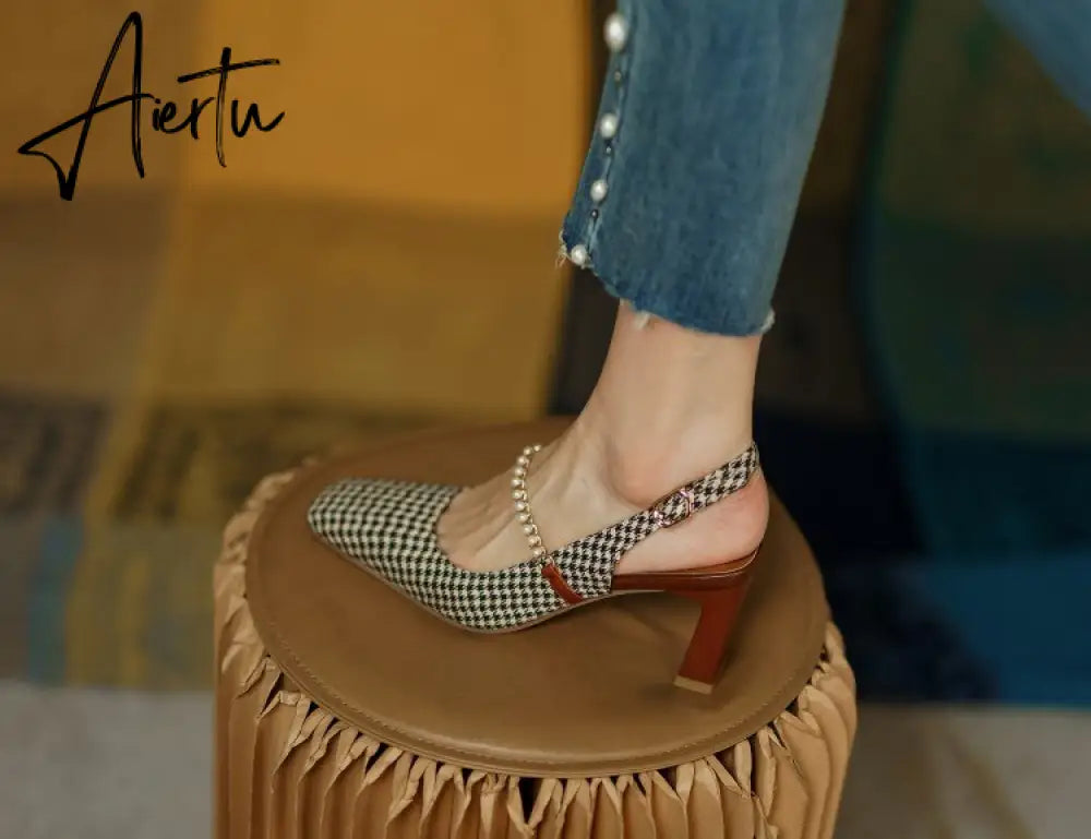 Aiertu New   Sandles Women Square Toe Thick Heel French Retro Women Shoes Pearl Buckle High Heel Party Sandals Houndstooth Pattern Aiertu