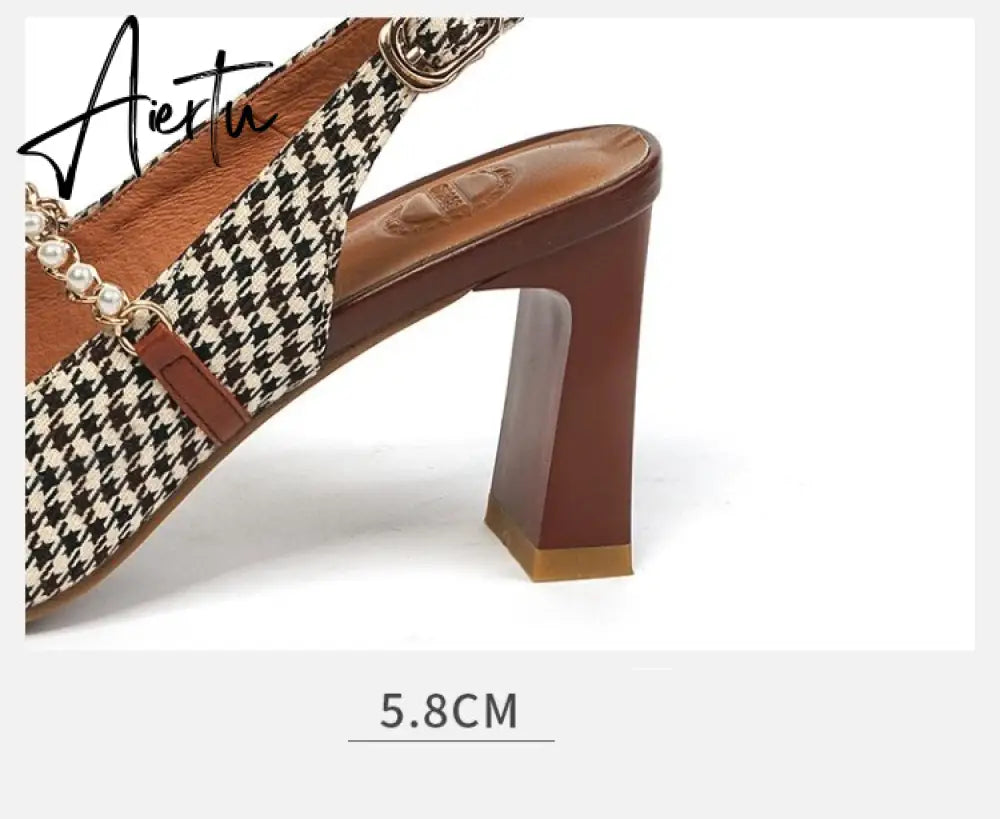 Aiertu New   Sandles Women Square Toe Thick Heel French Retro Women Shoes Pearl Buckle High Heel Party Sandals Houndstooth Pattern Aiertu
