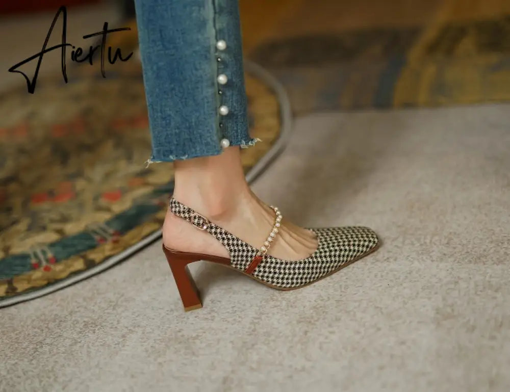 Aiertu New   Sandles Women Square Toe Thick Heel French Retro Women Shoes Pearl Buckle High Heel Party Sandals Houndstooth Pattern Aiertu