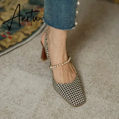 Aiertu New   Sandles Women Square Toe Thick Heel French Retro Women Shoes Pearl Buckle High Heel Party Sandals Houndstooth Pattern Aiertu