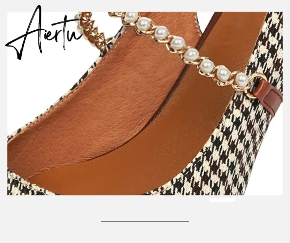 Aiertu New   Sandles Women Square Toe Thick Heel French Retro Women Shoes Pearl Buckle High Heel Party Sandals Houndstooth Pattern Aiertu