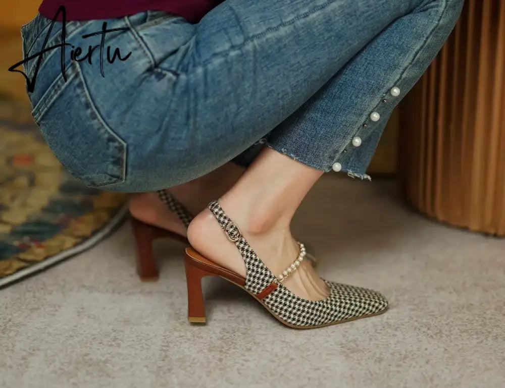 Aiertu New   Sandles Women Square Toe Thick Heel French Retro Women Shoes Pearl Buckle High Heel Party Sandals Houndstooth Pattern Aiertu